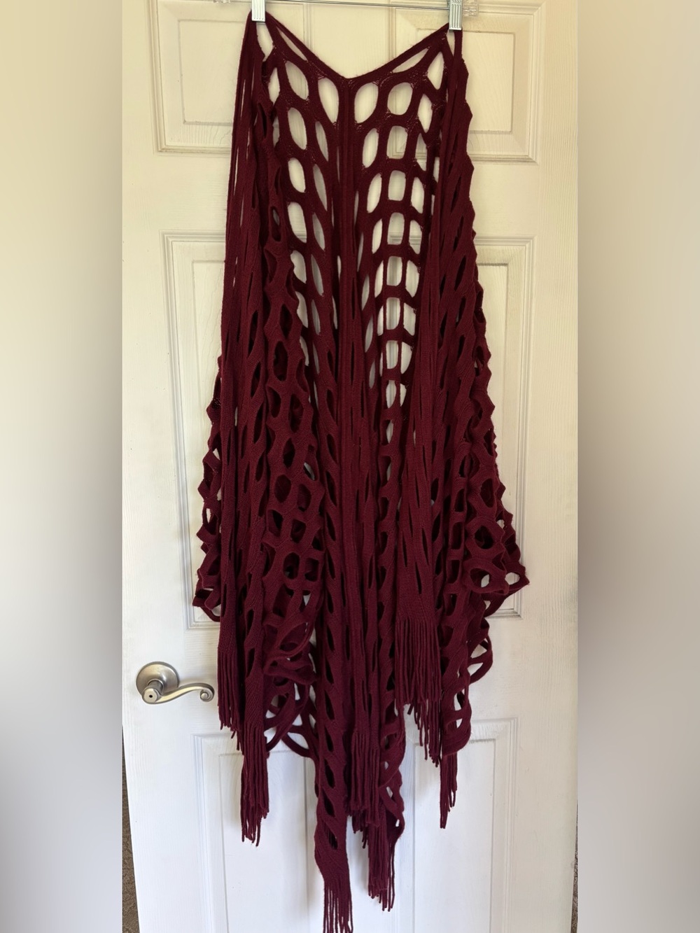 Women's Open-Knit Fringe Cardigan Sweater - Burgundy